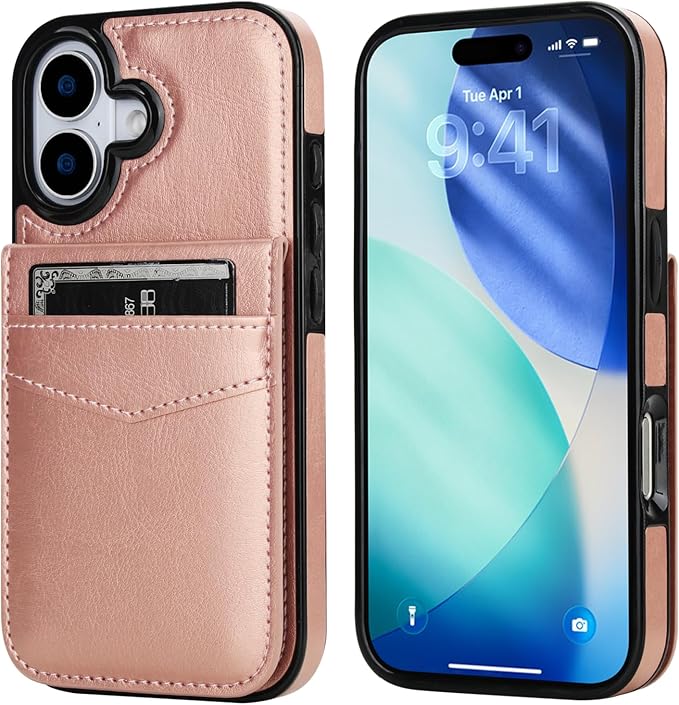 KIHUWEY Compatible with iPhone 17 Case Wallet with Credit Card Holder, Flip Premium Leather Magnetic Clasp Kickstand Heavy Duty Protective Cover for iPhone 17 6.3 Inch (Rose Gold)