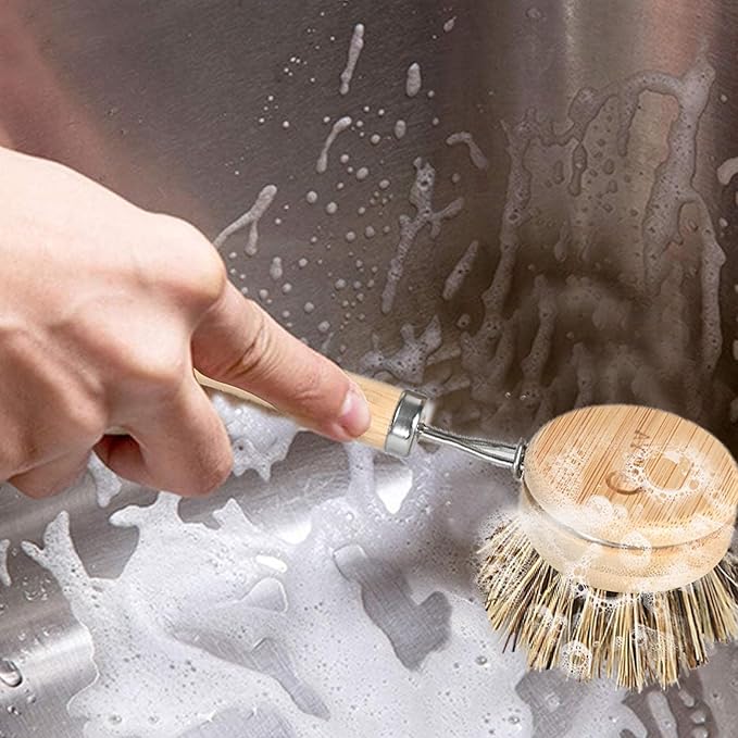 Bamboo Dish Scrubber 4 Replacement Heads, Natural Dish Scrub Brush Sustainable & Biodegradable, Bamboo Dish Brush with Handle for Cleaning Cast Iron Pan/Pot(Hard Bristles)