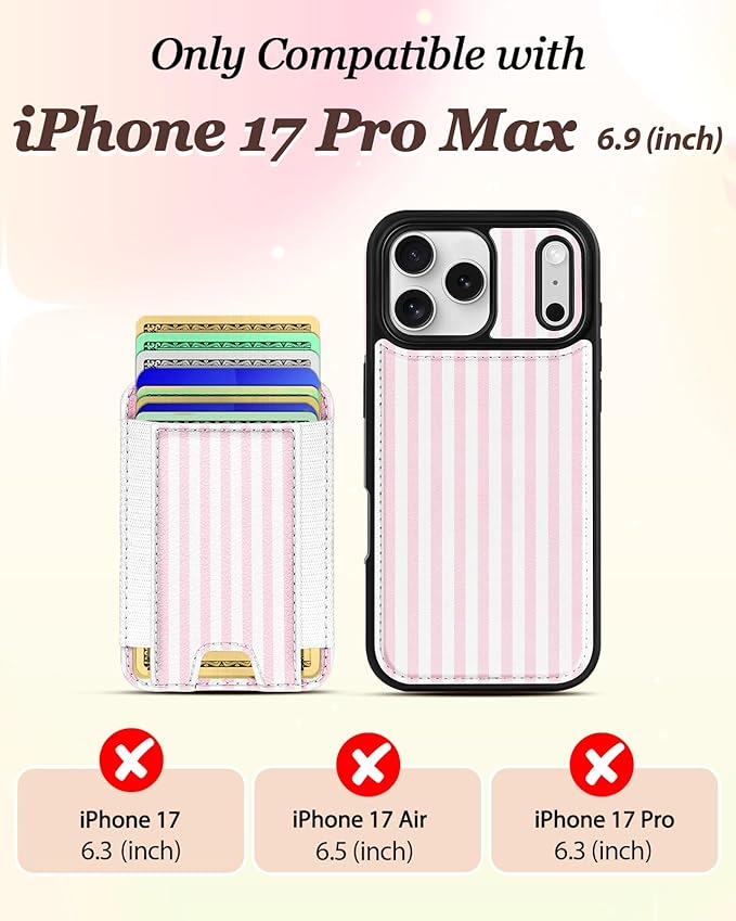Shorogyt for iPhone 17 Pro Max Case Wallet - Fits 5 Cards, Compatible with Magsafe Detachable Magnetic Credit Card Holder Leather Cardholder Cute Phone Cover Women Girls for Apple 17 ProMax, Striped