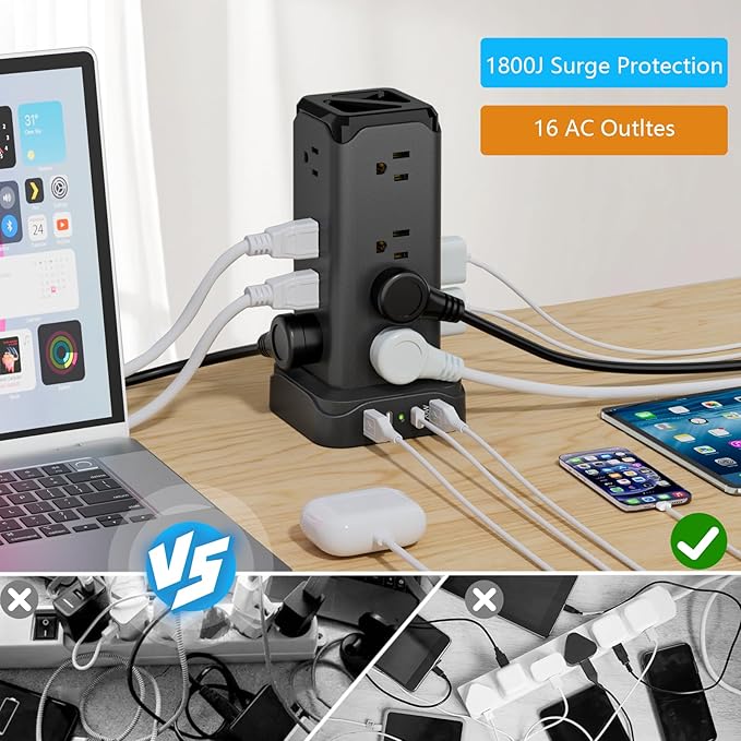 Power Strips with Surge Protection, PASSUS 6FT Flat Extension Cord with Multiple Outlets, 16AC Outlets Tower with 4 USB Ports(2 USB C) Charging Station Tower for Home Office Dorm