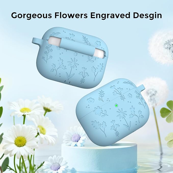 AhaStyle AirPods Pro 3 Case Cover (2025) Flower Engraved Cute Silicone AirPods Pro 3rd Generation Case Full Body Shockproof Cover Skin for Apple AirPods Pro 3rd Gen with Cleaning Kit for Women Girls