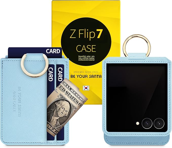 [BeYourSanta] Galaxy Z Flip 7 Case with Ring - Avant-Garde Handmade Saffiano Vegan Leather Case, Anti-Scratch Hinge Protection, Made in Korea (3 Pockets, Mint)