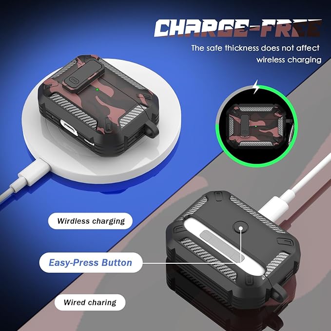 RFUNGUANGO for AirPods Pro 2 Case, Compatible with Airpods Pro Case 2nd / 1st Generation, Compatible with MagSafe, with Cleaning Kit and Keychain, Visible LED, Black, Red Camouflage