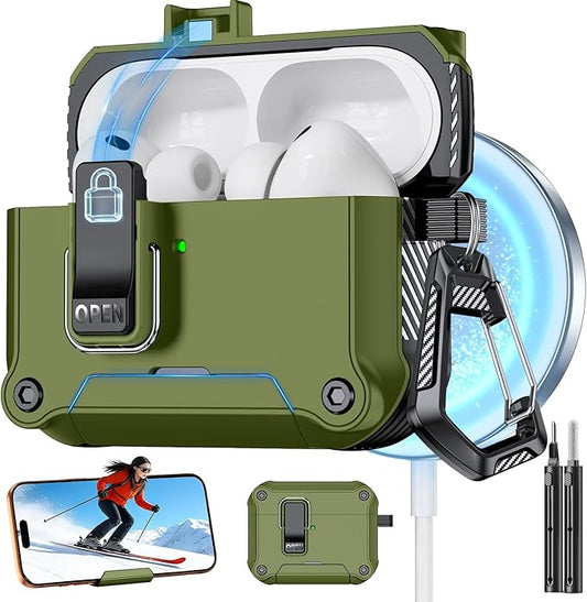 for AirPods Pro 3 Case with Lock,Automatic Snap Switch Design with Phone Stand，Accessories with Cleaning Pen/Keychain/Tool,Compatible with Magsafe(Dark Green, AirPods Pro 3rd (2025))