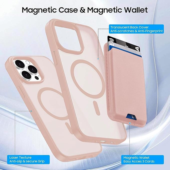 Magnetic for iPhone 13 Pro Max Case with Card Holder, Compatible with MagSafe, Slim Shockproof Phone Cover with Detachable Wallet, Built-in Magnet Ring, Pink