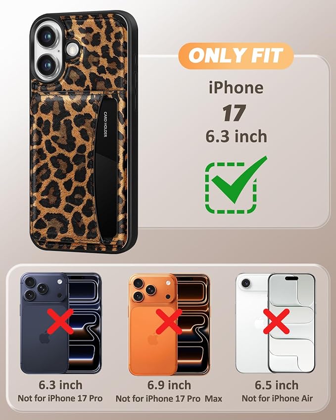 for iPhone 17 Case with Wallet - Fits 4 Card Slots, Compatible with MagSafe for Women Aesthetic Durable PU Leather Credit Card Holder Kickstand Phone Cover for Apple 17, Leopard Print