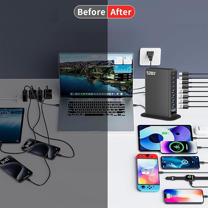 520W USB C Charger Block | 8 Ports GaN Fast Charging Station Hub|PD 100w Type C & USB A Laptop Cell Phone Charger Adapter | for MacBook Air/Pro, iPhone, iPad, Game Consoles | Travel Home Office Use