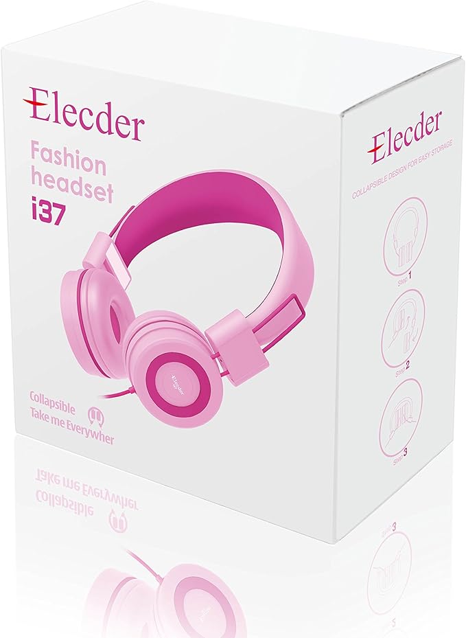 ELECDER i37 Kids Headphones Children Girls Boys Teens Foldable Adjustable On Ear Headphones 3.5mm Jack Compatible Cellphones Computer MP3/4 Kindle School Tablet Rose/Pink