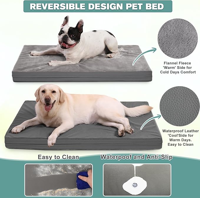 Waterproof XL Dog Beds Large Sized Dog, Outdoor Orthopedic Washable Crate Pad 42 inch, Extra Large Foam Pet Bed with Durable Removable Cover Reversible, XLarge Anti-Slip Kennel Pads, 41"x27", Gray