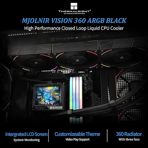 Mjolnir Vision 360 ARGB Black CPU Water Cooler,3 PWM Fans Water Cooling System with 2000PRM,for AM4/AM5&Intel LGA1851/1700, Magnetic Detachable LCD Screen with 320 * 240 Resolution