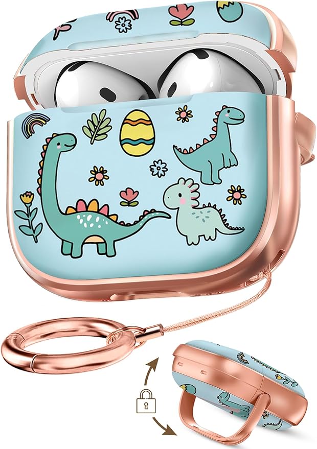 Coralogo for AirPods 4 Case with Safety Lock - Cute Cartoon for Women Girls Fashion Stylish Dinosaur Pattern Design Kawaii Girly Girlish Hard Protective Cover for AirPods 4th Generation 2024