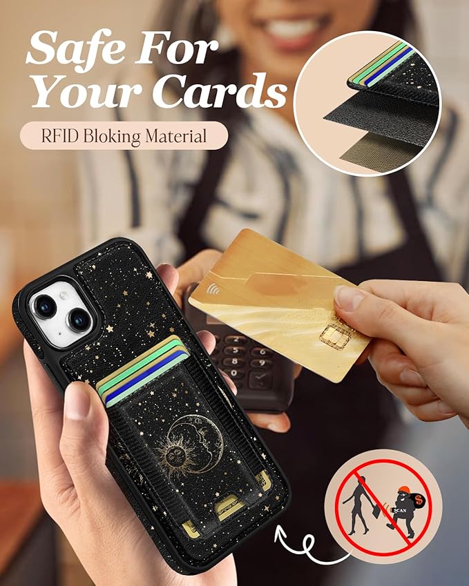 Shorogyt for iPhone 15 Wallet Case - Fits 5 Cards, Compatible with Magsafe Detachable Magnetic Credit Card Holder Leather Cardholder Cute Phone Cover Women Girls for Apple 15, Sun Moon