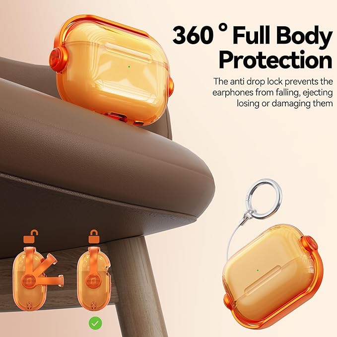 for Airpods Pro 3 Case,Safety Lock Cases for Apple Airpod Pro 3 (2025) with Cleaner Kit, Drop Protection Air pods Pro3 Case Cover for Men for Women with Keychain,Clear Orange