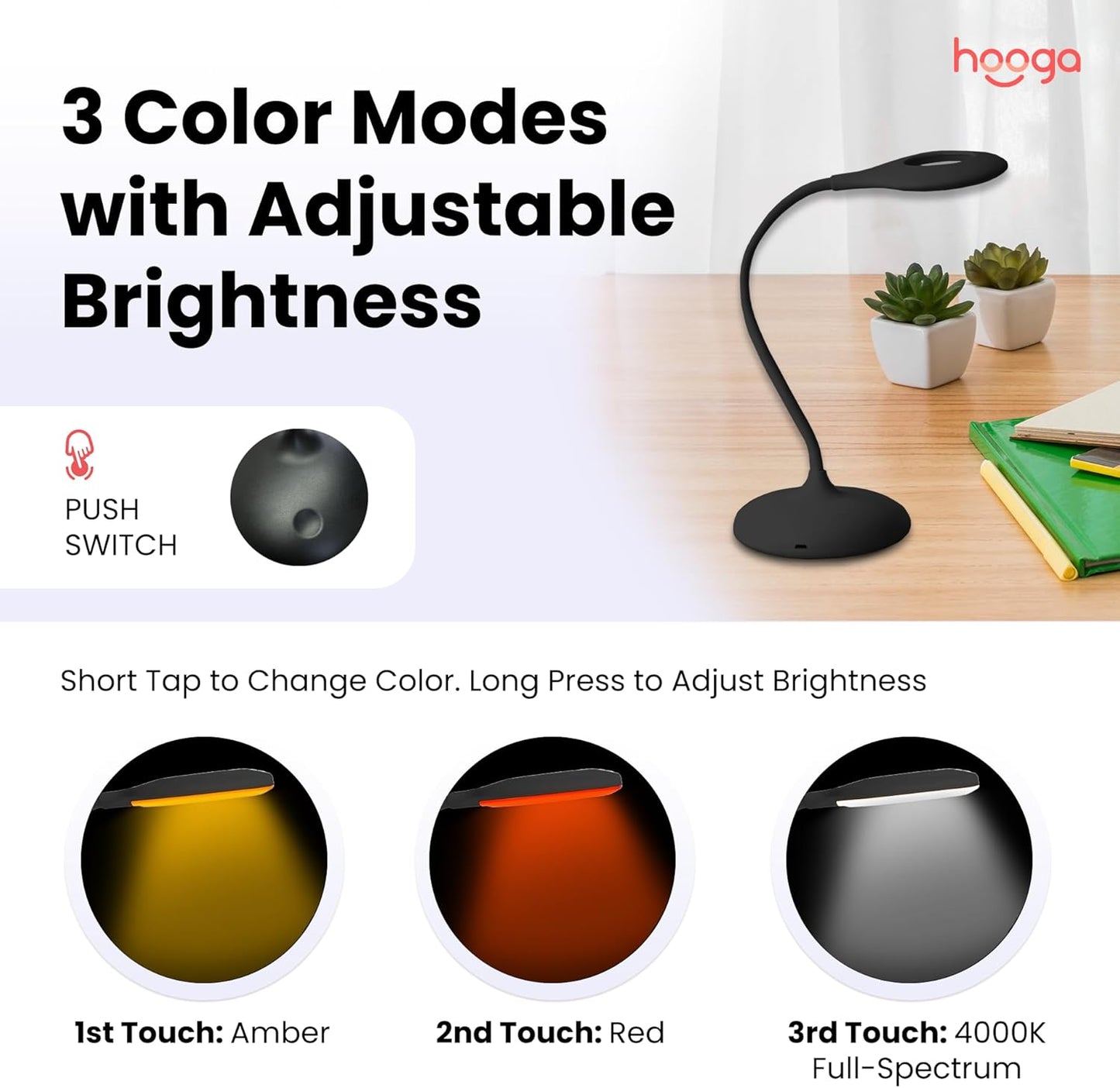 Desk Lamp, Blue Light Blocking, 3 Modes: Amber 1600K, Red, Full-Spectrum 4000K, Dimmable, Rechargeable, Eye Strain Relief, Circadian Friendly