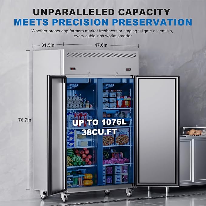 48" W 2 Door Commercial Refrigerator and Freezer Combo Stainless Steel Fan Cooling 38 Cu.ft Fridge and Freezer Dual Zones for Restaurant Bar Shop 33°F~41°F and -8℉ ~0℉, Stainless Steel Reach-in