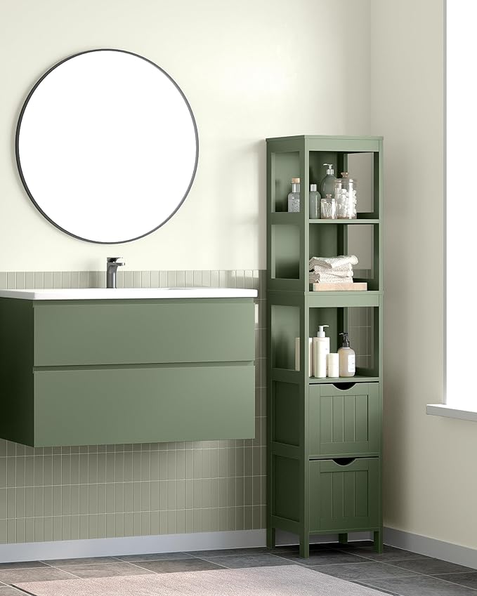 VASAGLE Storage Cabinet, Storage Organizer Rack Stand for Bathroom, Living Room, Bedroom, Multifunctional Corner Unit, 2 Drawers, 55.7 Inches in Height, Forest Green UBBC066C01