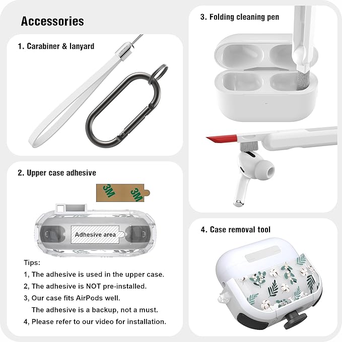 WENEW for AirPods Pro 3 Case (2025) Cover Secure Lock Automatic Snap Switch Clip Cleaner Kit Lanyard Women Stylish Flower Hard Shell Full Body Front LED Visible (Green Leaves, AirPods Pro 3)