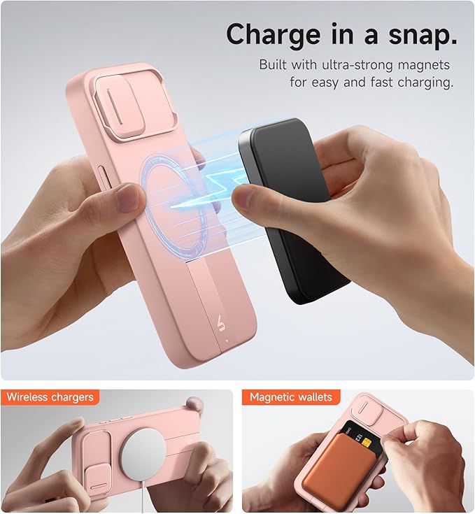 SURITCH for iPhone 17e/16e Case with Magnetic Camera Slide Cover and Adjustable Kickstand, Compatible with MagSafe, Shockproof Bumper Case Slim Protective Cover 6.1 Inch,Pink