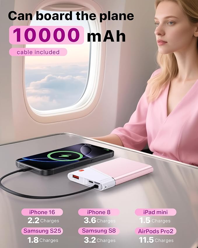 Portable Charger Power Bank, 10000mAh 22.5W PD Fast Charging Powerbank with Built-in USB C Cable, Slim External Phone Battery Pack for iPhone 17/16/15 Samsung S24 Android etc (Pink)