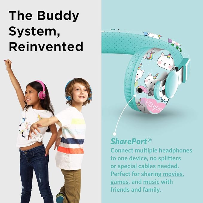 LilGadgets Untangled Pro Kids On-Ear Headphones - Bluetooth Wireless Headphones – Volume-Limited to 93 dB with Built-in Sharing Port (Rainbow Cat)