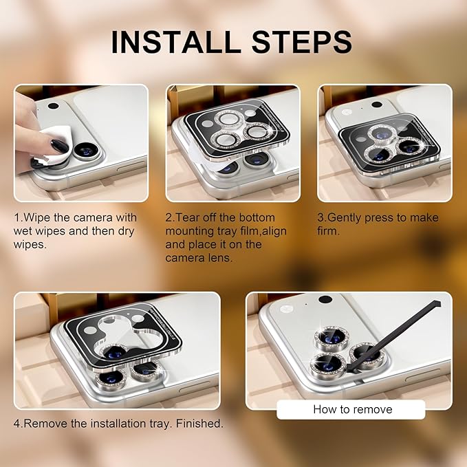 Misea Compatible for iPhone 17 Pro/iPhone 17 Pro Max Camera Lens Protector Bling, 9H Tempered Glass Camera Cover Screen Protector Metal Individual Ring Decoration Accessories, Natural Titanium Glitter