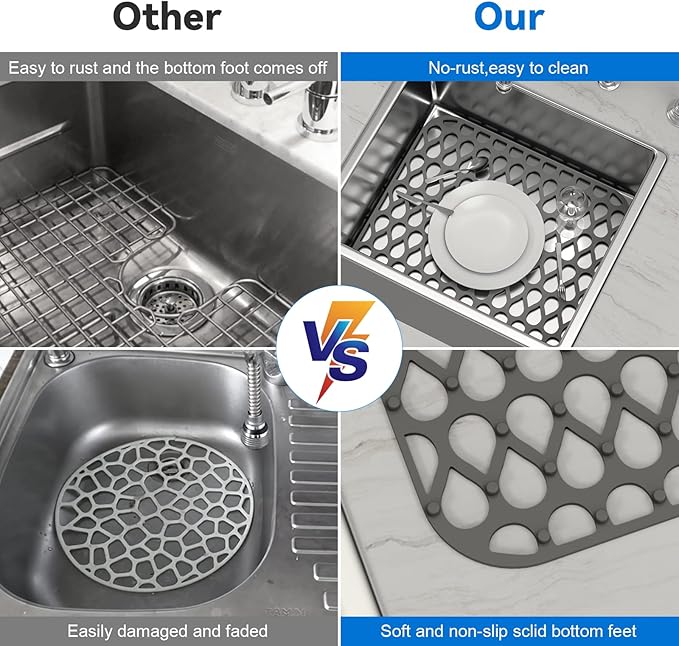 Silicone Sink Mat 2PCS TOOVEM Sink Protectors for Kitchen Sinks, Non-Slip Folding Grid for Bottom of Farmhouse Stainless Steel Porcelain Sink Pad