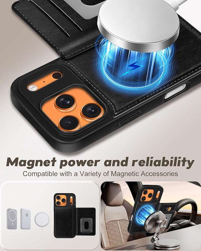 for iPhone 17 Pro Max Case with Wallet - Fits 4 Card Slots, Compatible with MagSafe for Women Men Durable PU Leather Credit Card Holder Kickstand Phone Cover for Apple 17 Promax, Black