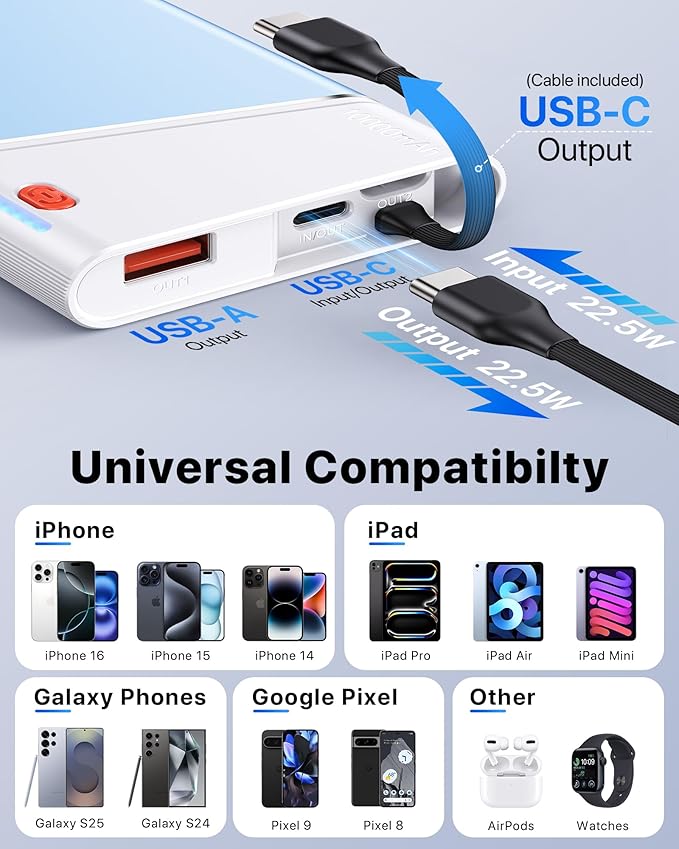 Portable Charger Power Bank, 10000mAh 22.5W PD Fast Charging Powerbank with Built-in USB C Cable, Slim External Phone Battery Pack for iPhone 17/16/15 Samsung S24 Android etc (Blue)