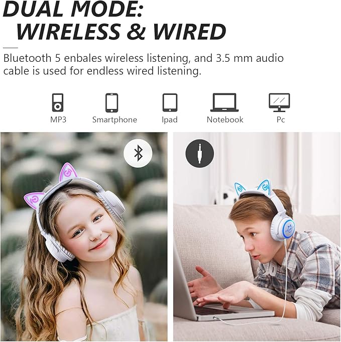 Kids Headphones, Cat Ear LED Light Up Bluetooth Headphones Wired & Wireless, 85dB Volume Limit, 70H Playtime Foldable Over-Ear Headset for iPad Tablet Travel, Gifts for Kids & Adults