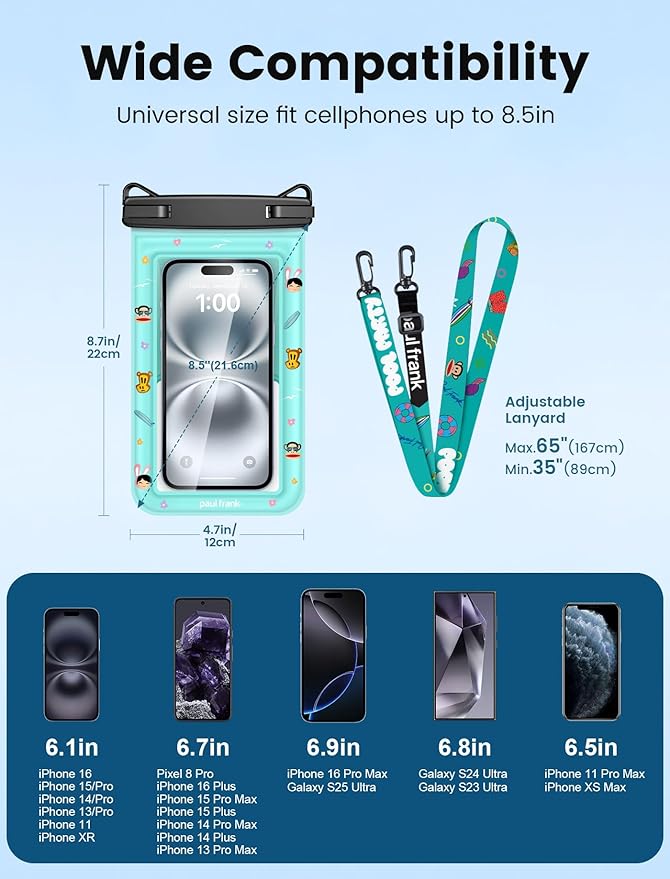 Paul Frank Waterproof Phone Pouch Floating, 2 Pack IPX8 Waterproof Phone Case with Lanyard for iPhone 17 16 15 14 Pro Max Galaxy S25 S24, Cellphone Dry Bag Beach Cruise Ship Essentials(up to 8.5")