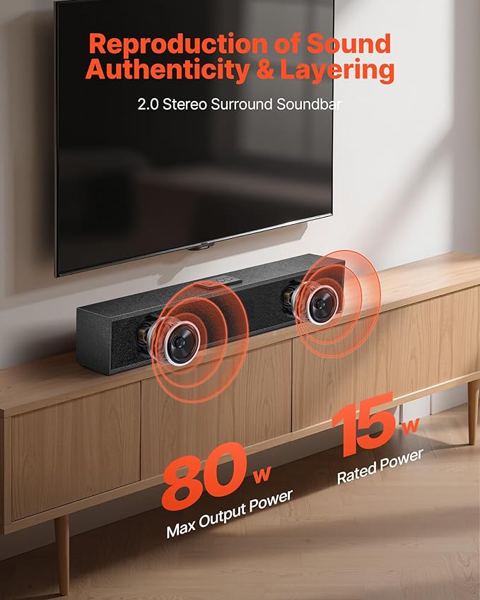 VEVOR Sound Bar for Smart TV, 2.0 Channel, 24-Inch Compact Soundbar TV Speakers for Projector, Bluetooth AUX Connection, Remote Control, Easy Setup, 80W Surround Sound System for PC Home Theater Audio