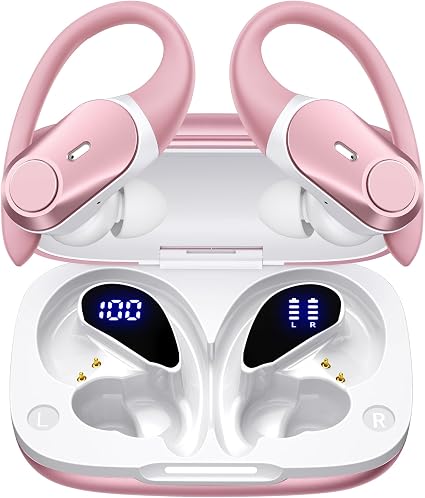 Active Noise Cancelling Ear Buds Wireless Bluetooth Headphones 80H Playtime Display Charging Case 50dB ANC Over Ear Hooks Earbuds with Hi-Res Sound Clear Calls for Sports Running Gym Workout Rose Gold