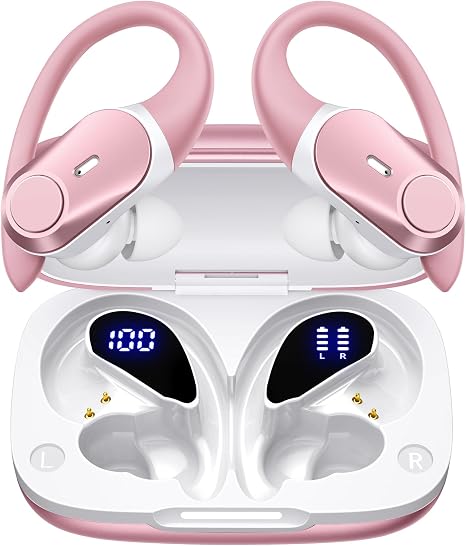 Active Noise Cancelling Ear Buds Wireless Bluetooth Headphones 80H Playtime Display Charging Case 50dB ANC Over Ear Hooks Earbuds with Hi-Res Sound Clear Calls for Sports Running Gym Workout Rose Gold