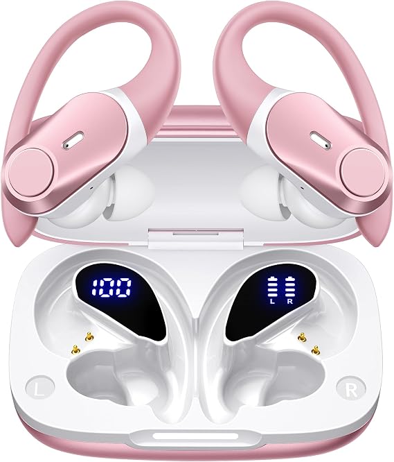 Active Noise Cancelling Ear Buds Wireless Bluetooth Headphones 80H Playtime Display Charging Case 50dB ANC Over Ear Hooks Earbuds with Hi-Res Sound Clear Calls for Sports Running Gym Workout Rose Gold