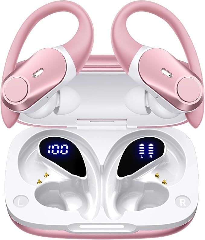 Active Noise Cancelling Ear Buds Wireless Bluetooth Headphones 80H Playtime Display Charging Case 50dB ANC Over Ear Hooks Earbuds with Hi-Res Sound Clear Calls for Sports Running Gym Workout Rose Gold