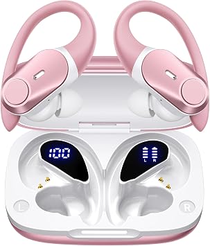 Active Noise Cancelling Ear Buds Wireless Bluetooth Headphones 80H Playtime Display Charging Case 50dB ANC Over Ear Hooks Earbuds with Hi-Res Sound Clear Calls for Sports Running Gym Workout Rose Gold