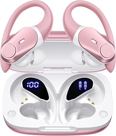 Active Noise Cancelling Ear Buds Wireless Bluetooth Headphones 80H Playtime Display Charging Case 50dB ANC Over Ear Hooks Earbuds with Hi-Res Sound Clear Calls for Sports Running Gym Workout Rose Gold