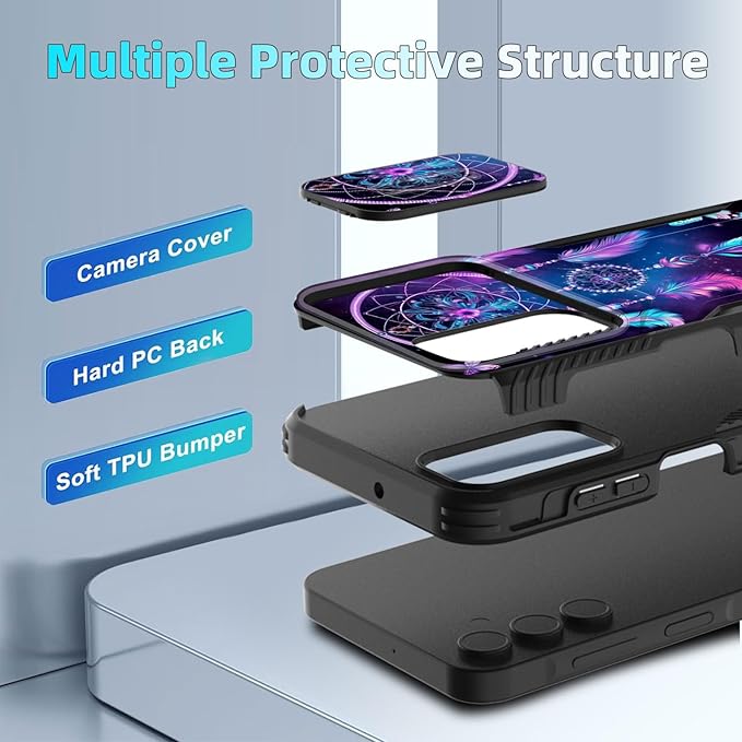 for Galaxy A15 5G Case Built in Slide Camera Lens Cover,Heavy Duty Shockproof Protection Dual Layer Case for Samsung Galaxy A15 5G 6.5 inch 2024,Butterfly Dream Catcher