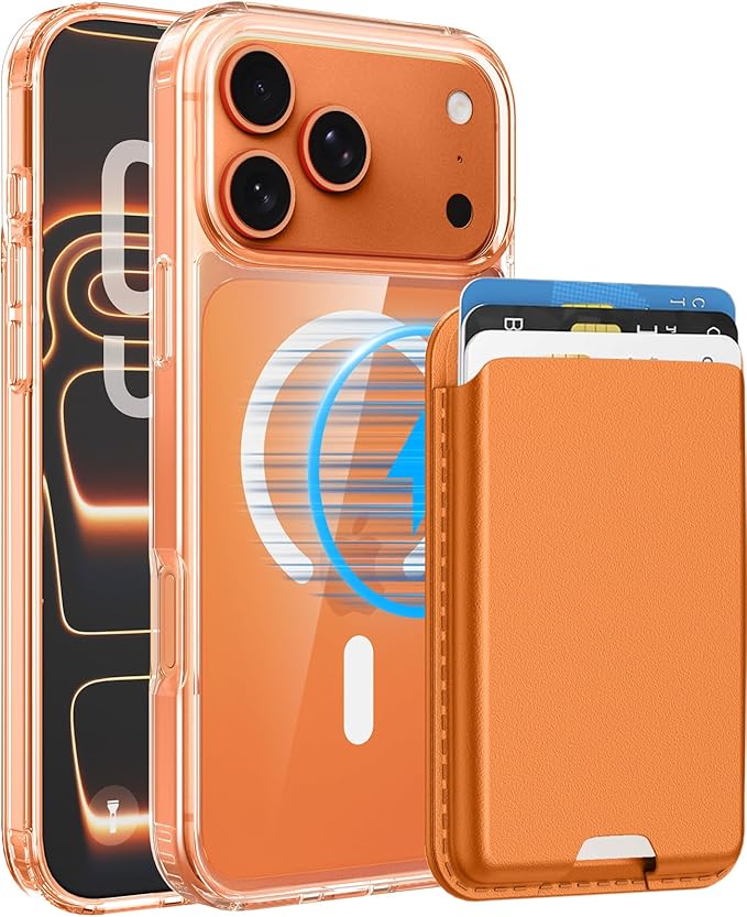 Magnetic for iPhone 17 Pro Max Clear Case with Orange Detachable Wallet, Compatible with MagSafe, Credit Card Holder with Slim Shockproof Protective Phone Cover