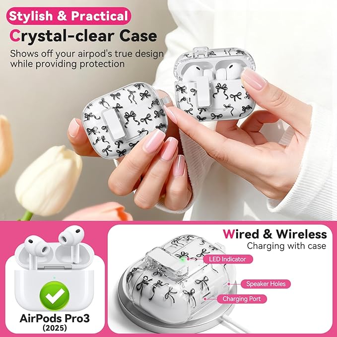 for AirPods Pro 3 Case with Secure Lock & Phone Stand, Bow-Print Clear Case for Apple AirPods Pro 3rd Generation 2025 Cover with Cleaner Keychain for Women Girly (Black, Airpods Pro 3 (2025))