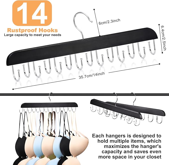 2 Pack Bra and Tank Top Closet Organizer Hangers, Foldable Wooden Space-Saving Hanger with 14 Hooks, Bra Hangers for Closet Organizer，Premium Closet Organizers and Storage for Dorm & Apartment (Black)