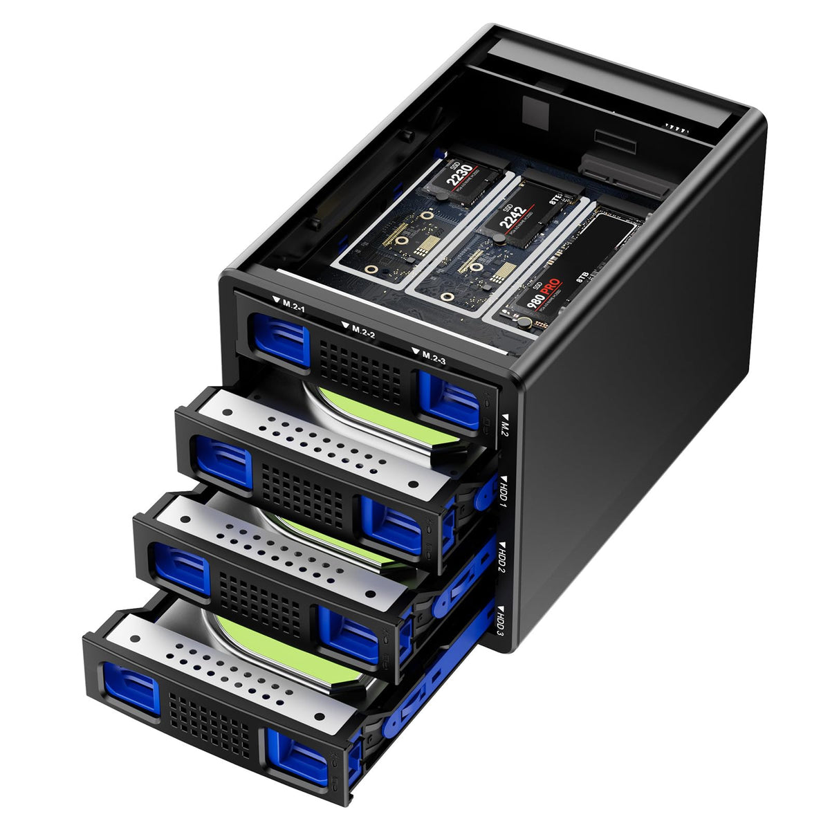 CENMATE Hybrid 3*2.5/3.5" SATA HDD/SSD+3* M / B+M Key M.2 NVMe Enclosure with Cooling Fan and USB A/C 3.2 Gen 2, Hard Drive Enclosure Support 90TB(3*22TB HDD+3*8TB 2230/2242/2260/2280/22110 SSDs)