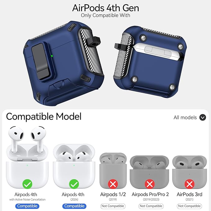 for AirPods 4 Case (2024) with Phone Stand,（with Automatic Snap Switch） Carbon Fiber Design Protection Cover with Cleaning Pen,Blue
