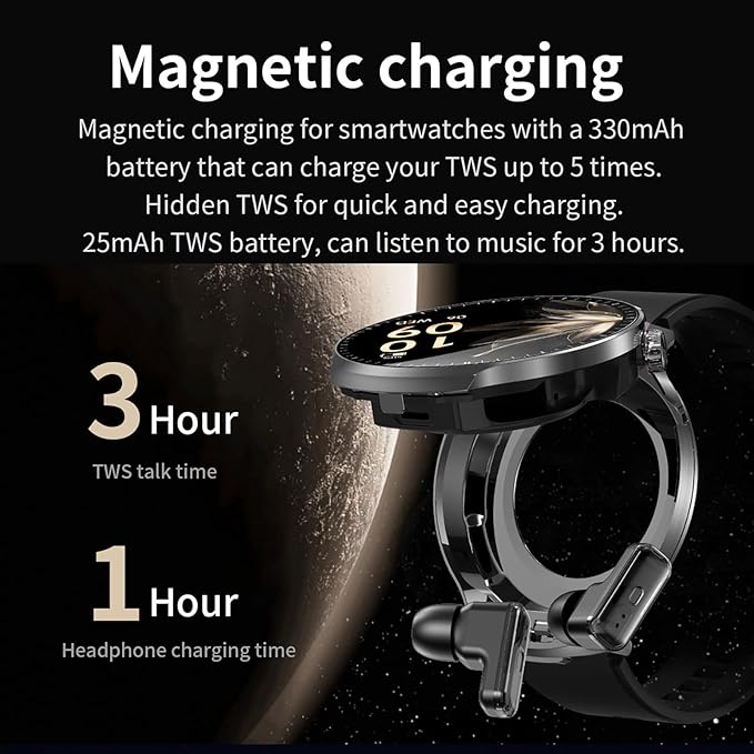 Smart Watch with Earbuds, 1.85" HD Display, IP67 Waterproof, 100 Sports Modes, Bluetooth Calling, Heart Rate Monitor, Round, Activity Tracker
