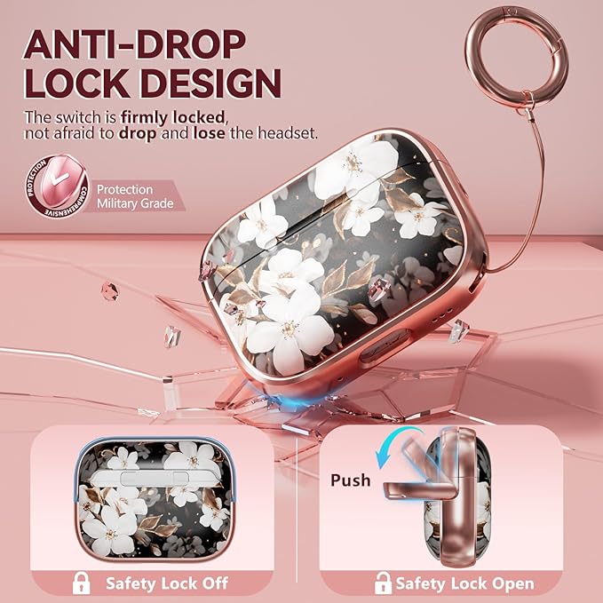Inesore for AirPods Pro 2nd Generation Case Cover with Lock, Flowers Cute Air Pods Pro 2 Case Hard iPod Pro Cases for Women Girls with Cleaner Kit (2023 USB-C /2022/2019) -Black Gold Flower