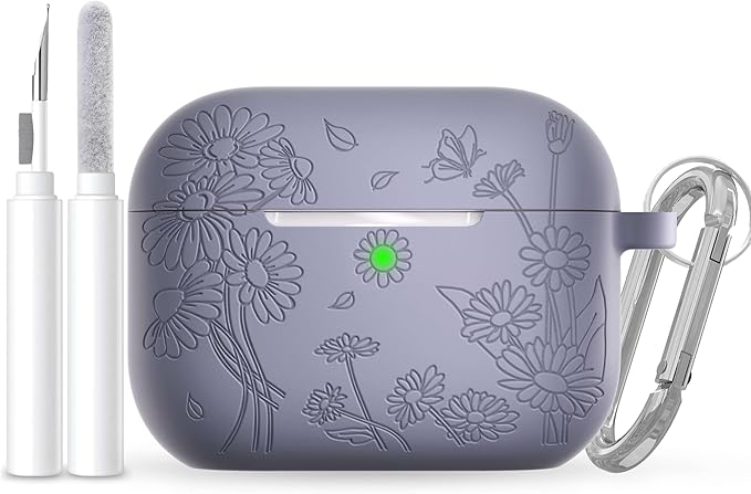 for AirPods Pro 3 Case (2025) DamonLight Daisy Floral Engraved Shockproof Protective Soft Silicone Case Cover with Cleaning Pen and Keychain for Apple Airpods Pro 3rd Generation (Lavender Gray)