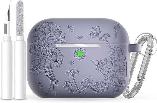 for AirPods Pro 3 Case (2025) DamonLight Daisy Floral Engraved Shockproof Protective Soft Silicone Case Cover with Cleaning Pen and Keychain for Apple Airpods Pro 3rd Generation (Lavender Gray)