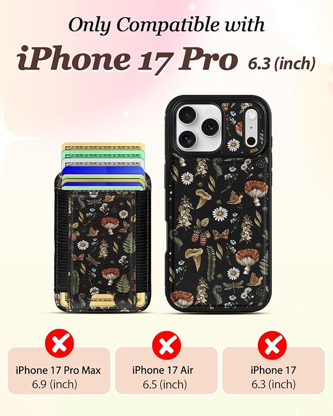 Shorogyt for iPhone 17 Pro Case Wallet - Fits 5 Cards, Compatible with Magsafe Detachable Magnetic Credit Card Holder Leather Cardholder Cute Phone Cover Women Girls for Apple 17Pro, Mushroom