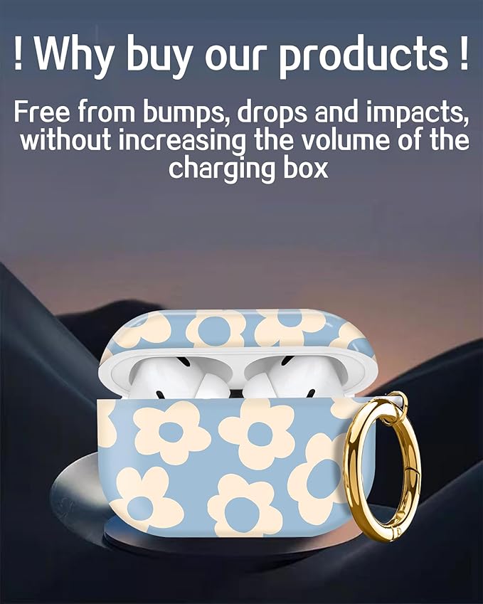 Compatible with Airpod pro 2nd/1st Generation Case Cover with Gold Round Keychain Cute Pattern Hard & Anti Slip Cover for Men Women & Girls(Blue Flower)