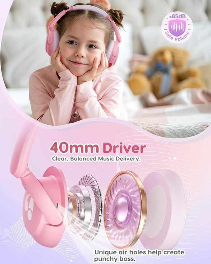 Kids Bluetooth Headphones, 85dB Volume Limiter, Foldable Wireless Over-Ear Headphones for iPad, Travel, 75H Playtime, Bluetooth 5.4, Built-in Mic, Pink